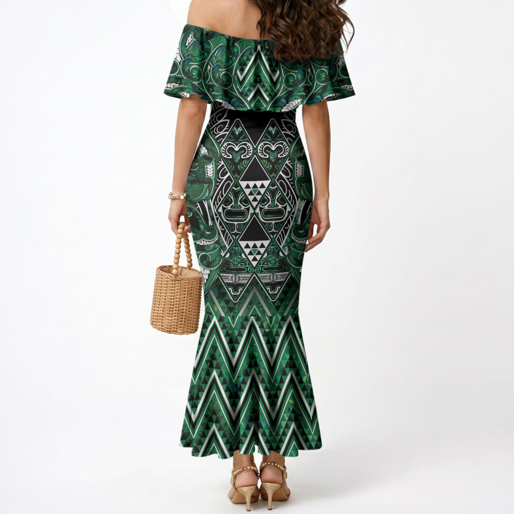 Aotearoa Ngai Tahu Mermaid Dress Maori Tribal Dark Green Paua Shell Pattern