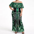 Aotearoa Ngai Tahu Off Shoulder Maxi Dress Maori Tribal Dark Green Paua Shell Pattern