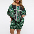 Aotearoa Ngai Tahu Off Shoulder Short Dress Maori Tribal Dark Green Paua Shell Pattern