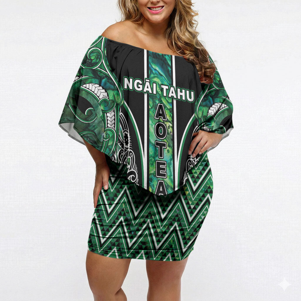 Aotearoa Ngai Tahu Off Shoulder Short Dress Maori Tribal Dark Green Paua Shell Pattern