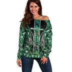 Aotearoa Ngai Tahu Off Shoulder Sweater Maori Tribal Dark Green Paua Shell Pattern