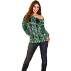 Aotearoa Ngai Tahu Off Shoulder Sweater Maori Tribal Dark Green Paua Shell Pattern