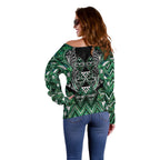 Aotearoa Ngai Tahu Off Shoulder Sweater Maori Tribal Dark Green Paua Shell Pattern