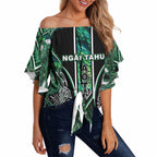 Aotearoa Ngai Tahu Off Shoulder Wrap Waist Top Maori Tribal Dark Green Paua Shell Pattern