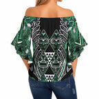 Aotearoa Ngai Tahu Off Shoulder Wrap Waist Top Maori Tribal Dark Green Paua Shell Pattern