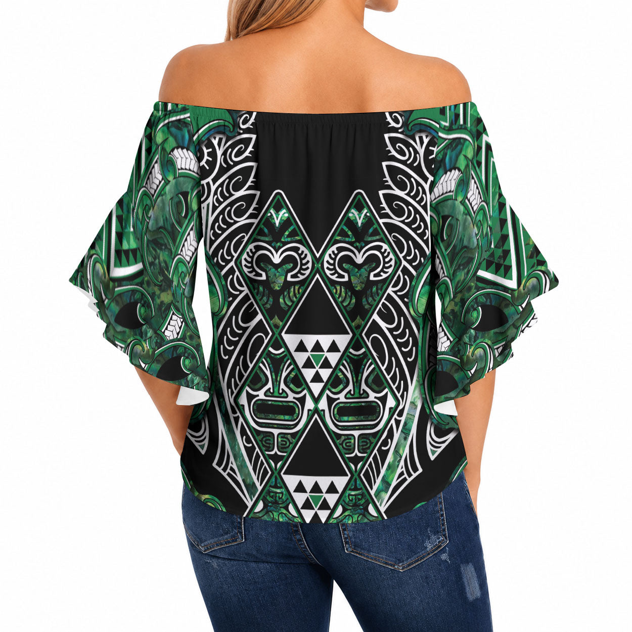 Aotearoa Ngai Tahu Off Shoulder Wrap Waist Top Maori Tribal Dark Green Paua Shell Pattern