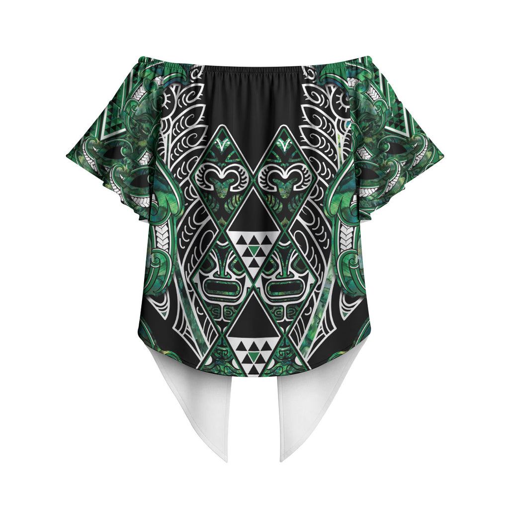 Aotearoa Ngai Tahu Off Shoulder Wrap Waist Top Maori Tribal Dark Green Paua Shell Pattern