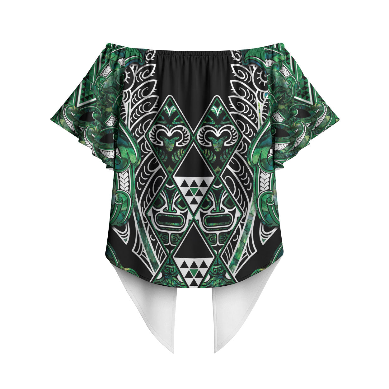 Aotearoa Ngai Tahu Off Shoulder Wrap Waist Top Maori Tribal Dark Green Paua Shell Pattern