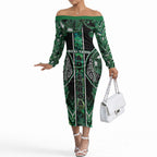 Aotearoa Ngai Tahu Off The Shoulder Long Sleeve Dress Maori Tribal Dark Green Paua Shell Pattern
