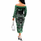 Aotearoa Ngai Tahu Off The Shoulder Long Sleeve Dress Maori Tribal Dark Green Paua Shell Pattern