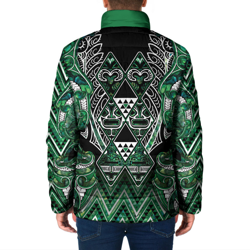 Aotearoa Ngai Tahu Padded Jacket Maori Tribal Dark Green Paua Shell Pattern