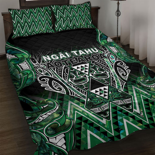 Aotearoa Ngai Tahu Quilt Bed Set Maori Tribal Dark Green Paua Shell Pattern