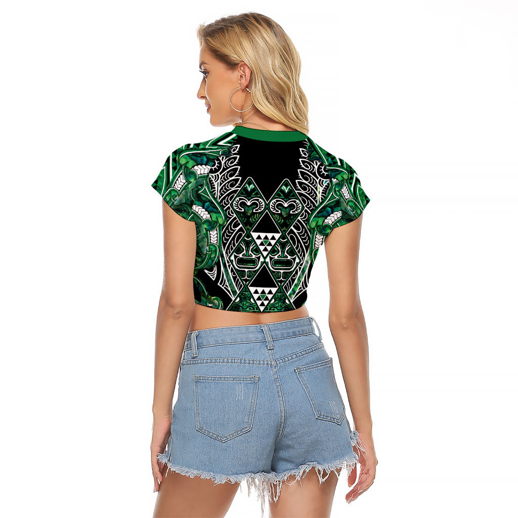 Aotearoa Ngai Tahu Raglan Cropped T Shirt Maori Tribal Dark Green Paua Shell Pattern