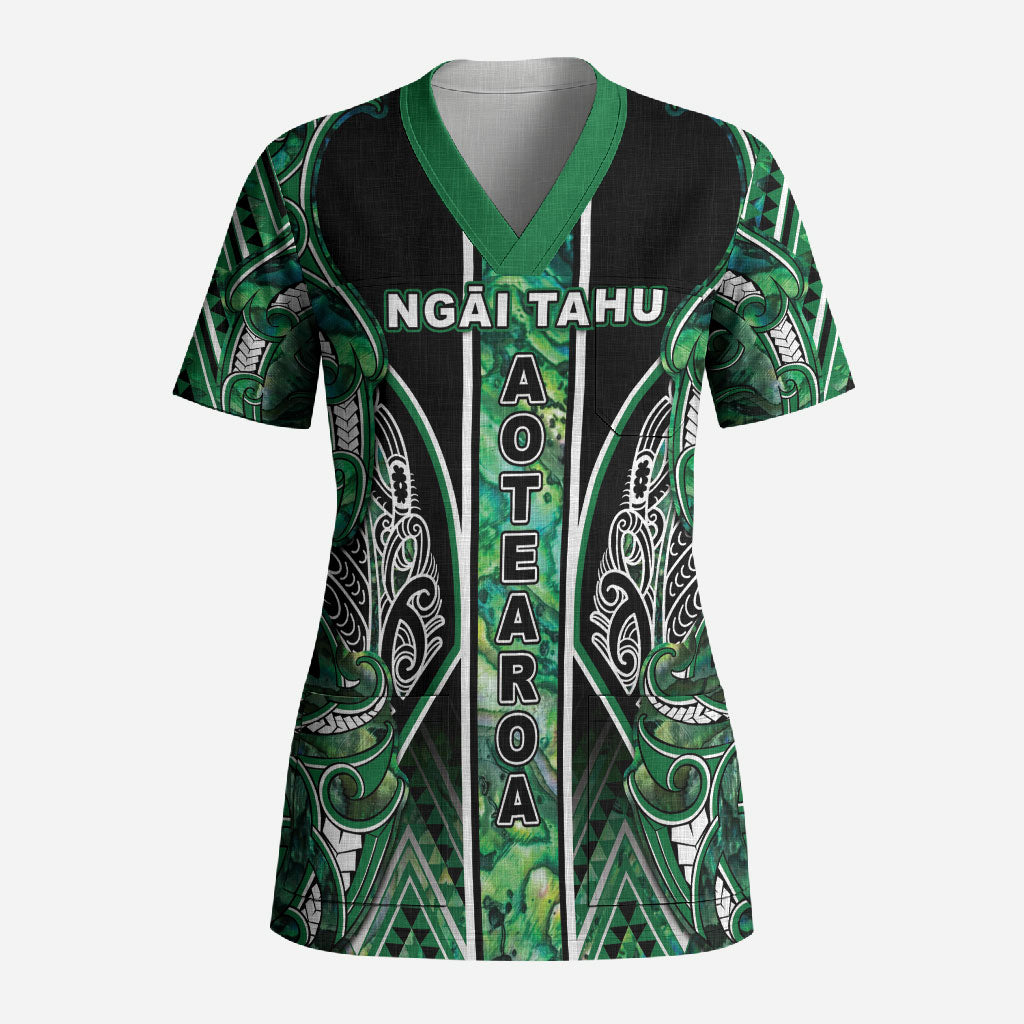 Aotearoa Ngai Tahu Scrub Top Maori Tribal Dark Green Paua Shell Pattern