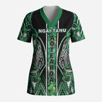 Aotearoa Ngai Tahu Scrub Top Maori Tribal Dark Green Paua Shell Pattern