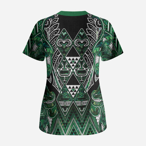 Aotearoa Ngai Tahu Scrub Top Maori Tribal Dark Green Paua Shell Pattern