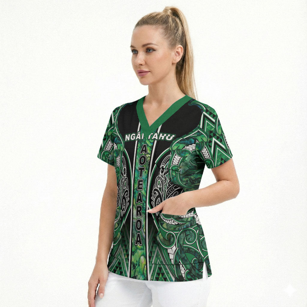 Aotearoa Ngai Tahu Scrub Top Maori Tribal Dark Green Paua Shell Pattern