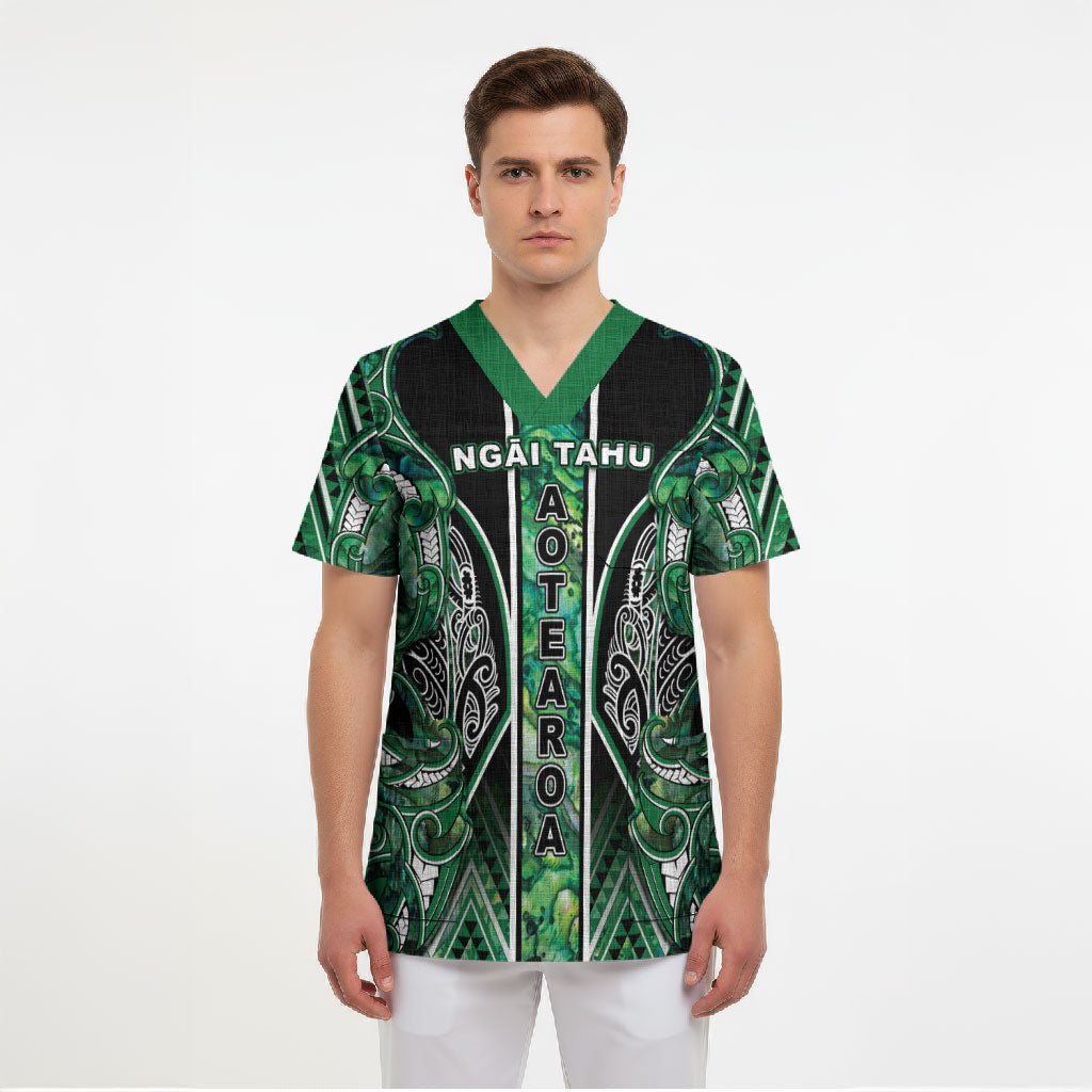 Aotearoa Ngai Tahu Scrub Top Maori Tribal Dark Green Paua Shell Pattern