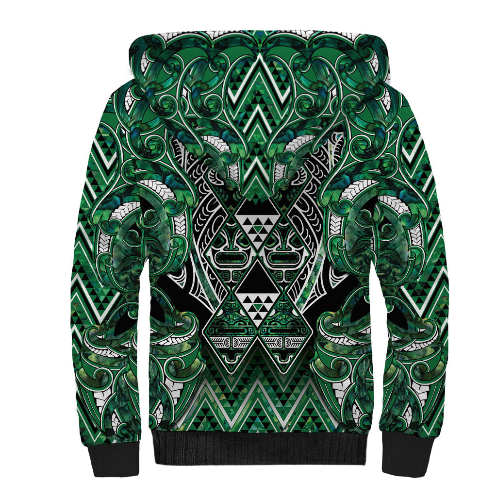 Aotearoa Ngai Tahu Sherpa Hoodie Maori Tribal Dark Green Paua Shell Pattern