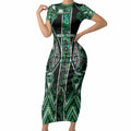 Aotearoa Ngai Tahu Short Sleeve Bodycon Dress Maori Tribal Dark Green Paua Shell Pattern