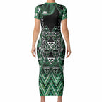 Aotearoa Ngai Tahu Short Sleeve Bodycon Dress Maori Tribal Dark Green Paua Shell Pattern