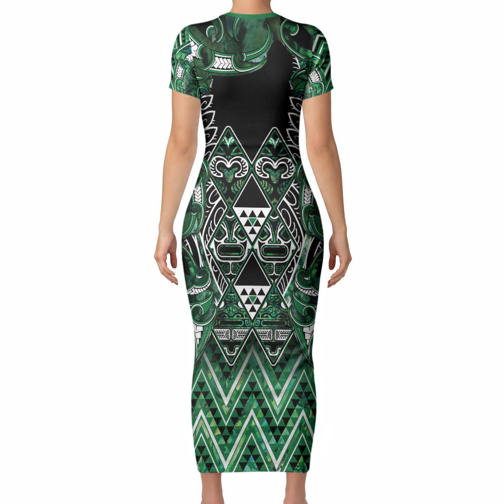 Aotearoa Ngai Tahu Short Sleeve Bodycon Dress Maori Tribal Dark Green Paua Shell Pattern