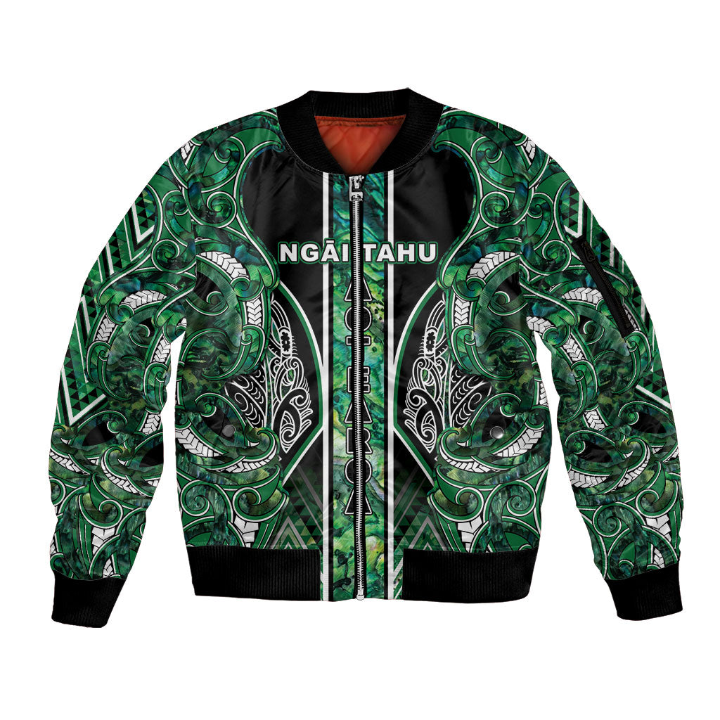 Aotearoa Ngai Tahu Sleeve Zip Bomber Jacket Maori Tribal Dark Green Paua Shell Pattern