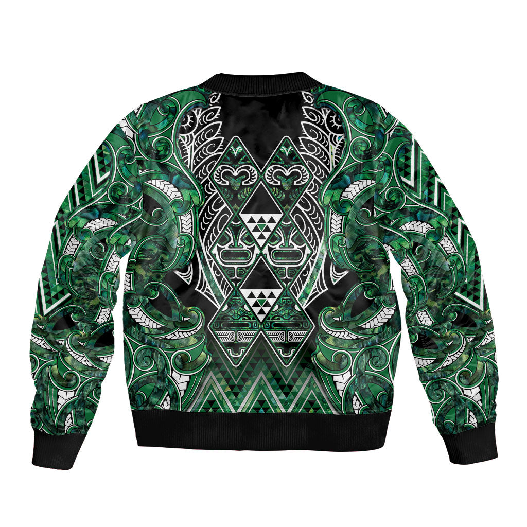 Aotearoa Ngai Tahu Sleeve Zip Bomber Jacket Maori Tribal Dark Green Paua Shell Pattern
