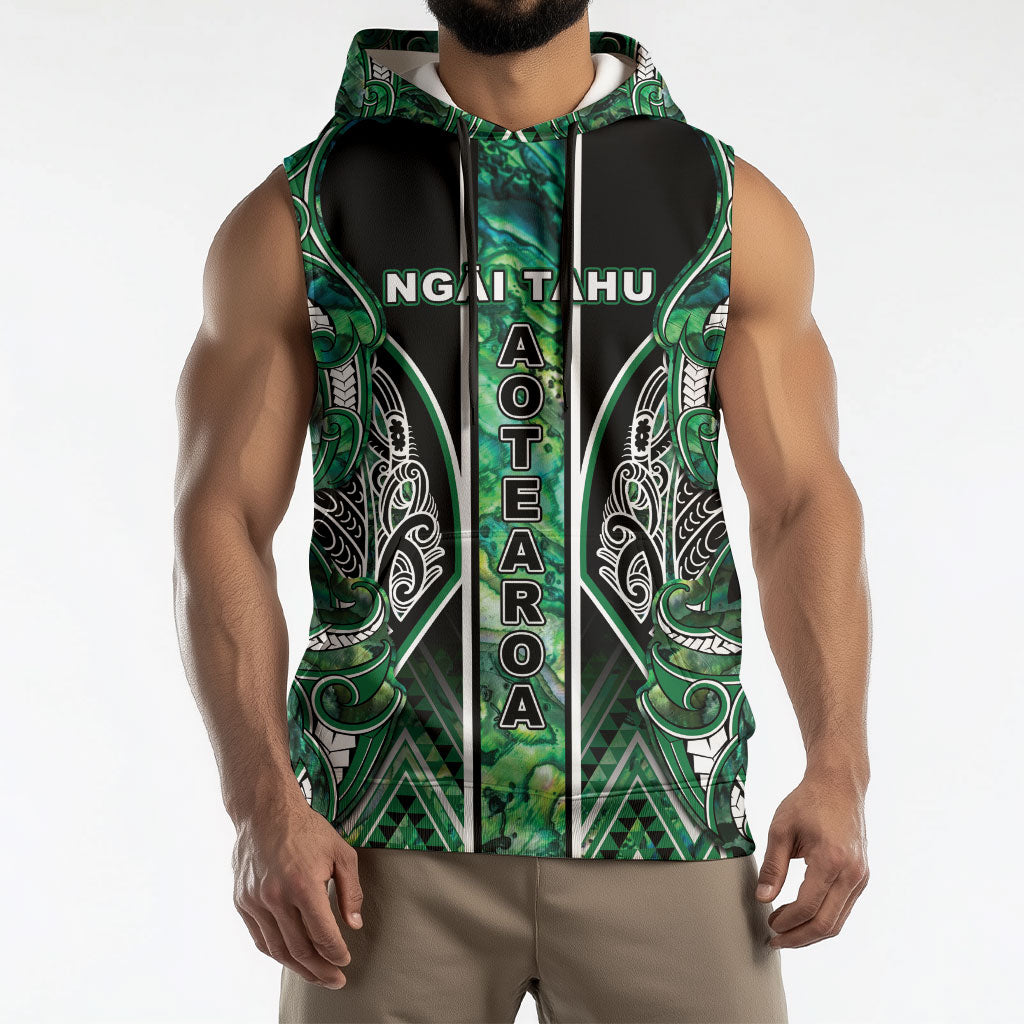 Aotearoa Ngai Tahu Sleeveless Hoodie Maori Tribal Dark Green Paua Shell Pattern