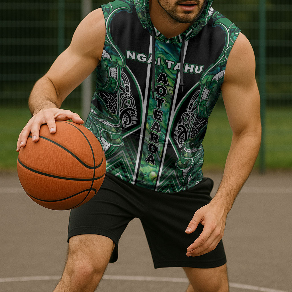 Aotearoa Ngai Tahu Sleeveless Hoodie Maori Tribal Dark Green Paua Shell Pattern