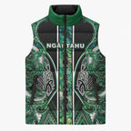 Aotearoa Ngai Tahu Sleeveless Puffer Jacket Maori Tribal Dark Green Paua Shell Pattern