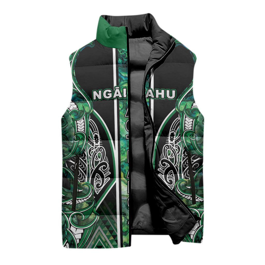 Aotearoa Ngai Tahu Sleeveless Puffer Jacket Maori Tribal Dark Green Paua Shell Pattern