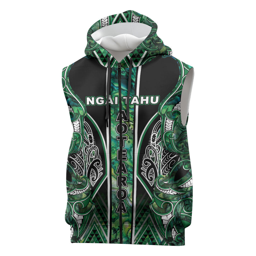 Aotearoa Ngai Tahu Sleeveless Zip Hoodie Maori Tribal Dark Green Paua Shell Pattern