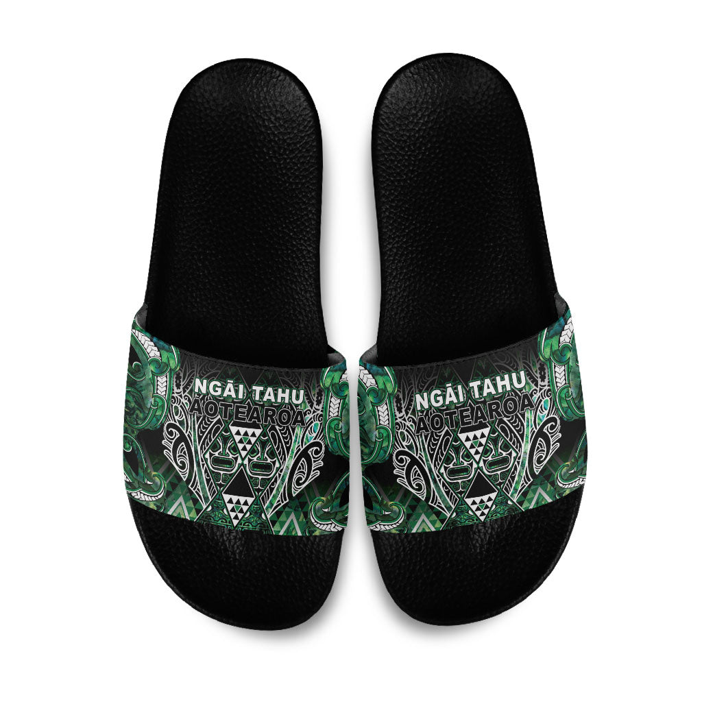 Aotearoa Ngai Tahu Slide Sandals Maori Tribal Dark Green Paua Shell Pattern