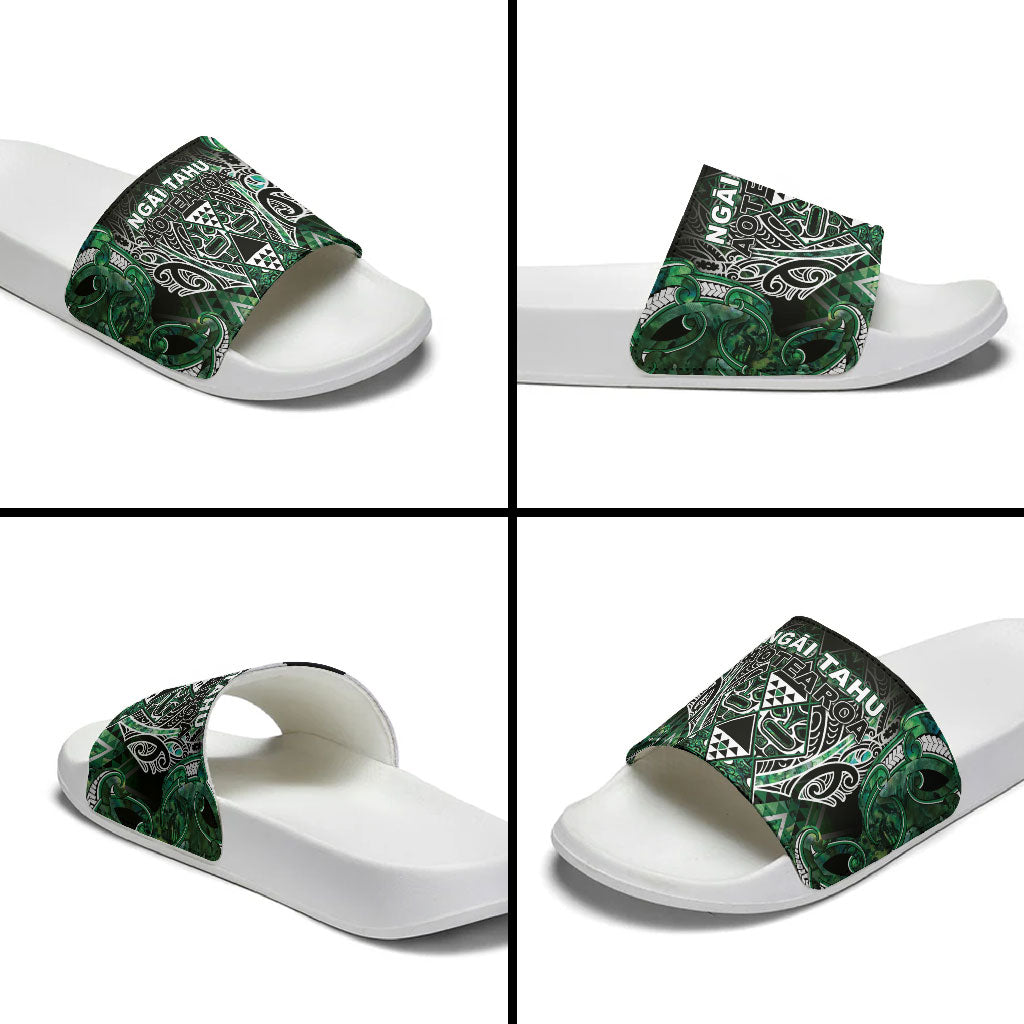 Aotearoa Ngai Tahu Slide Sandals Maori Tribal Dark Green Paua Shell Pattern