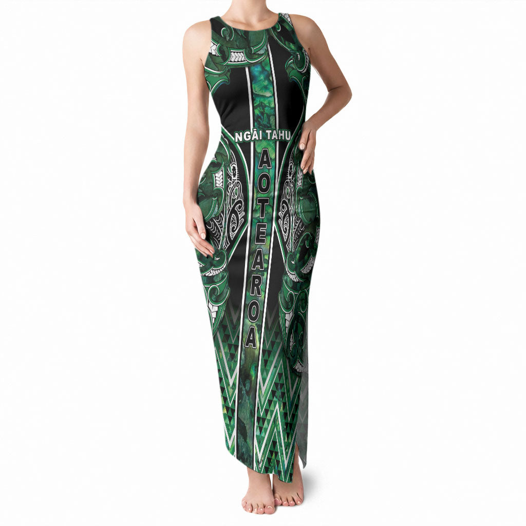 Aotearoa Ngai Tahu Tank Maxi Dress Maori Tribal Dark Green Paua Shell Pattern