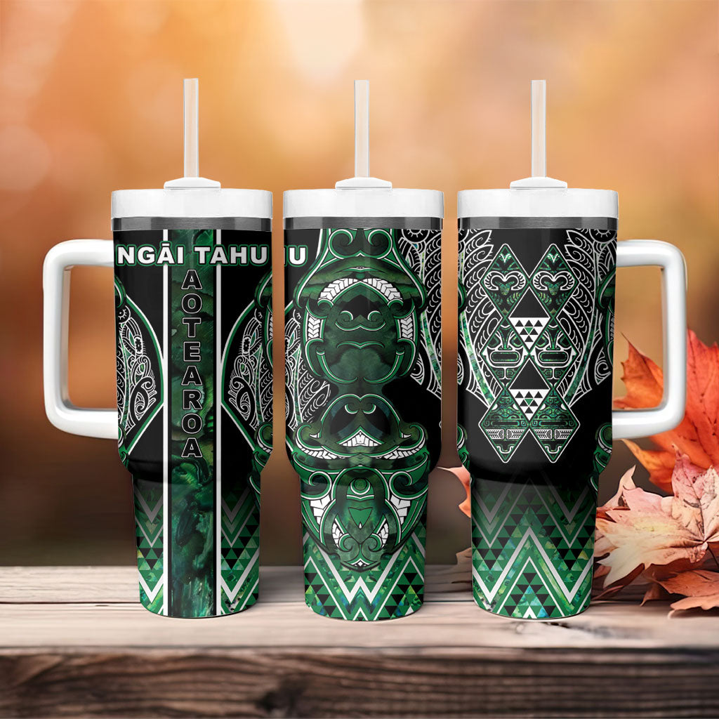 Aotearoa Ngai Tahu Tumbler With Handle Maori Tribal Dark Green Paua Shell Pattern
