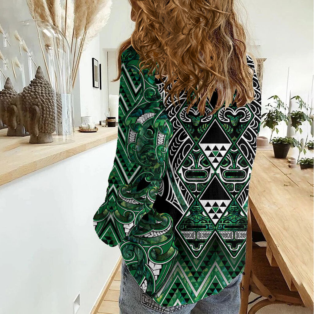 Aotearoa Ngai Tahu Women Casual Shirt Maori Tribal Dark Green Paua Shell Pattern
