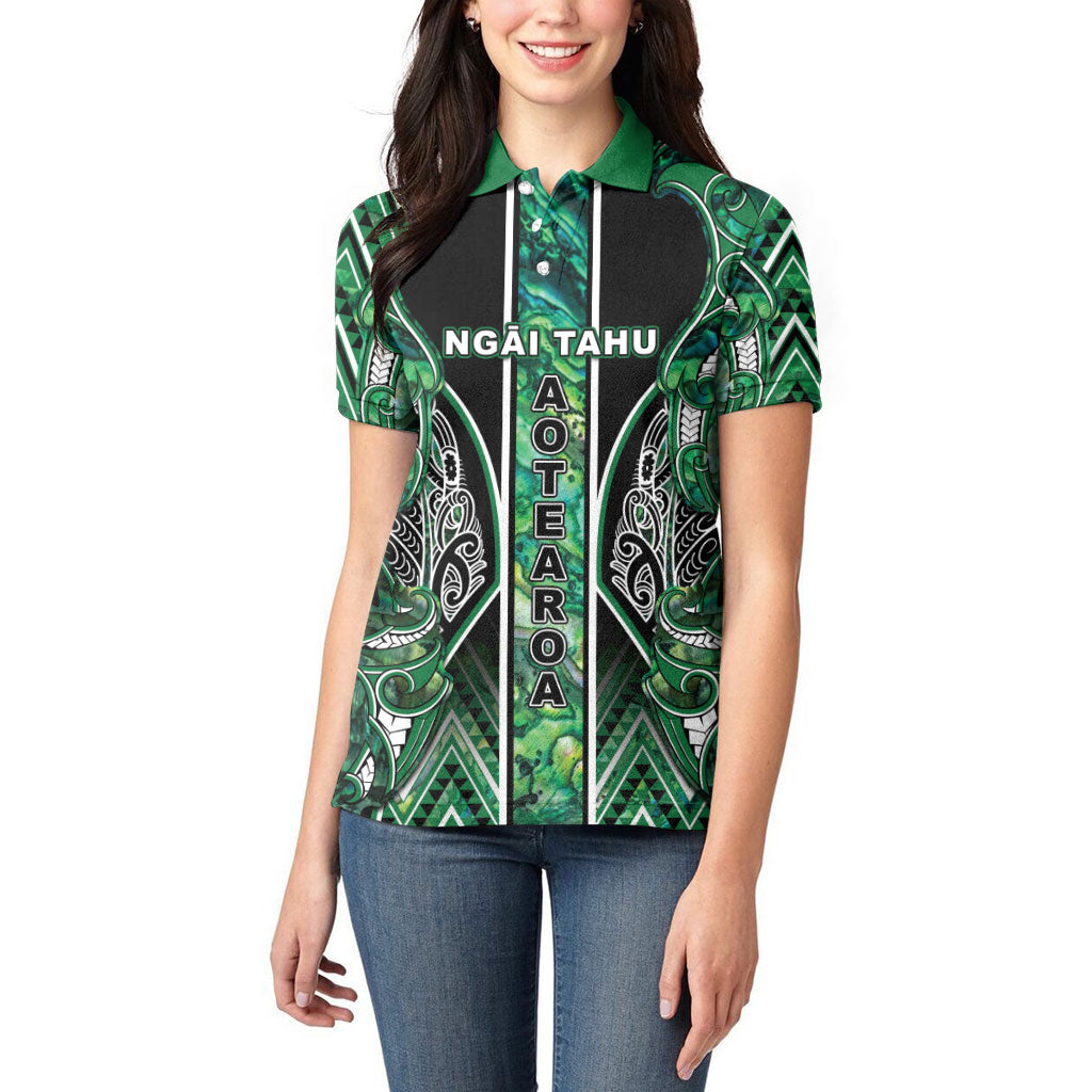 Aotearoa Ngai Tahu Women Polo Shirt Maori Tribal Dark Green Paua Shell Pattern