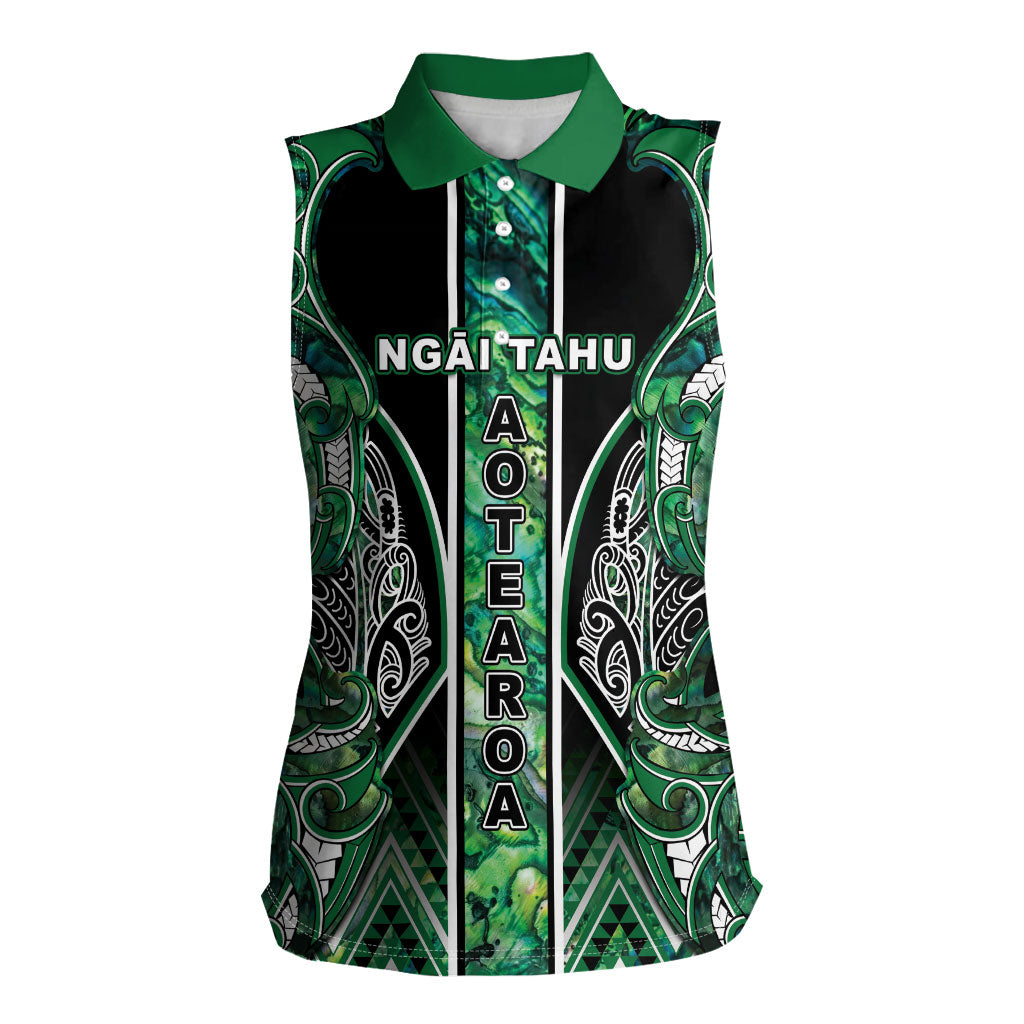 Aotearoa Ngai Tahu Women Sleeveless Polo Shirt Maori Tribal Dark Green Paua Shell Pattern