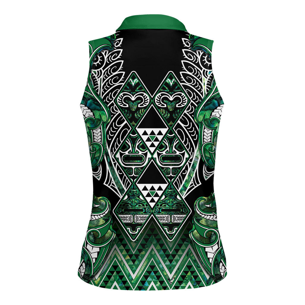Aotearoa Ngai Tahu Women Sleeveless Polo Shirt Maori Tribal Dark Green Paua Shell Pattern