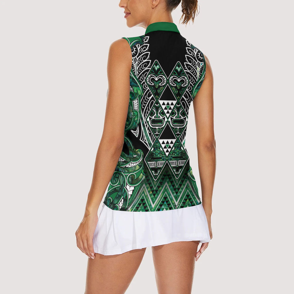 Aotearoa Ngai Tahu Women Sleeveless Polo Shirt Maori Tribal Dark Green Paua Shell Pattern
