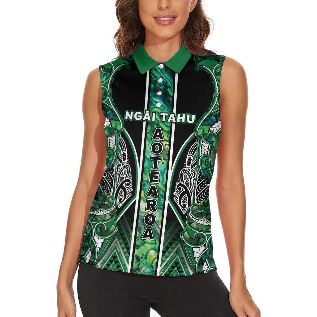 Aotearoa Ngai Tahu Women Sleeveless Polo Shirt Maori Tribal Dark Green Paua Shell Pattern