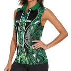 Aotearoa Ngai Tahu Women Sleeveless Polo Shirt Maori Tribal Dark Green Paua Shell Pattern