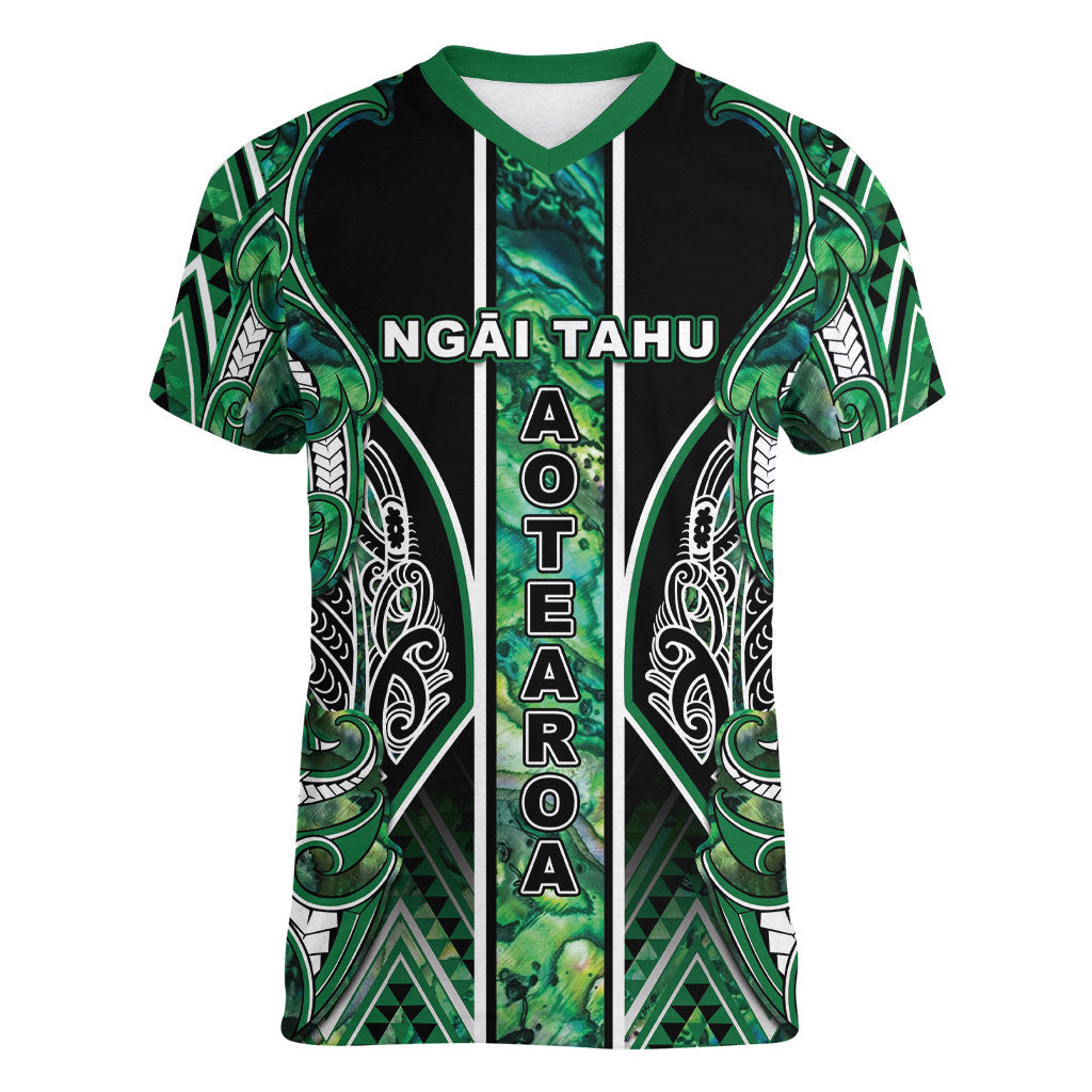 Aotearoa Ngai Tahu Women V-Neck T-Shirt Maori Tribal Dark Green Paua Shell Pattern