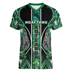 Aotearoa Ngai Tahu Women V-Neck T-Shirt Maori Tribal Dark Green Paua Shell Pattern