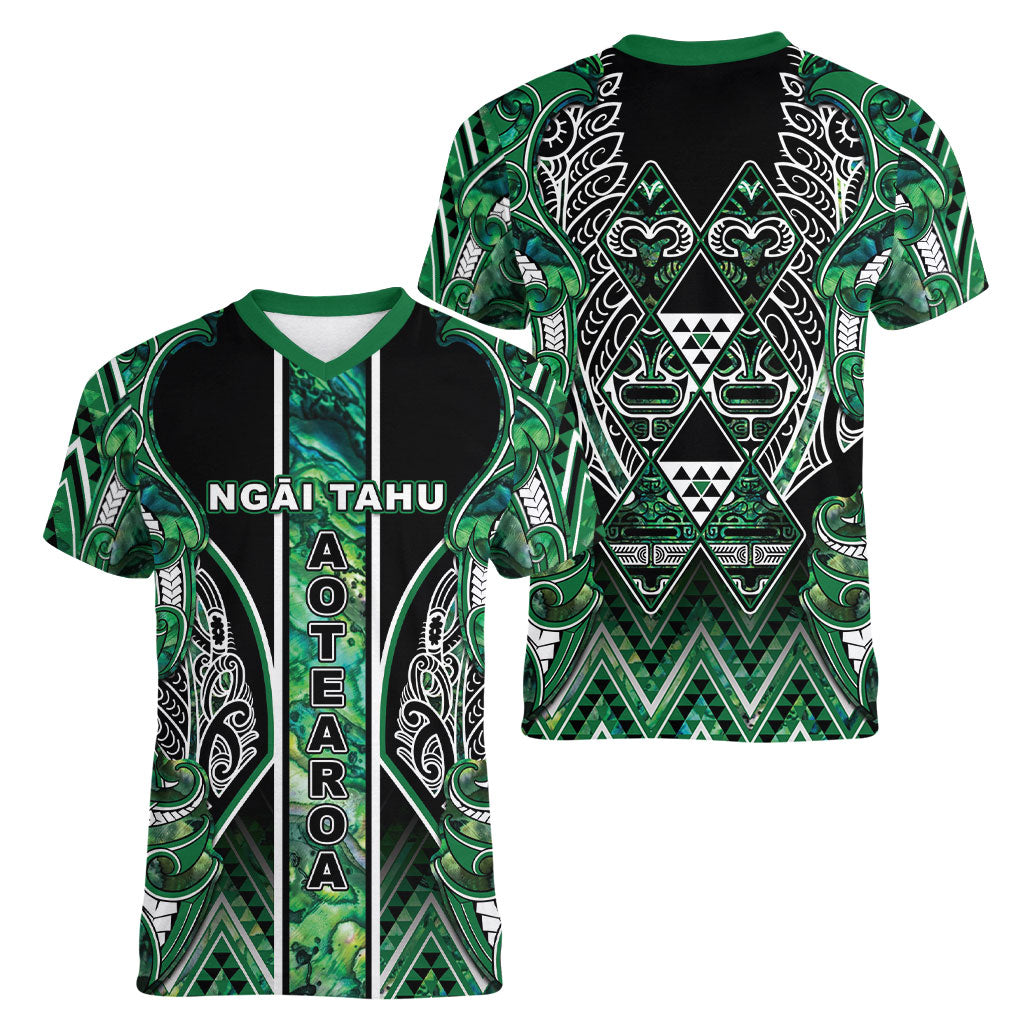 Aotearoa Ngai Tahu Women V-Neck T-Shirt Maori Tribal Dark Green Paua Shell Pattern