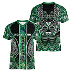 Aotearoa Ngai Tahu Women V-Neck T-Shirt Maori Tribal Dark Green Paua Shell Pattern