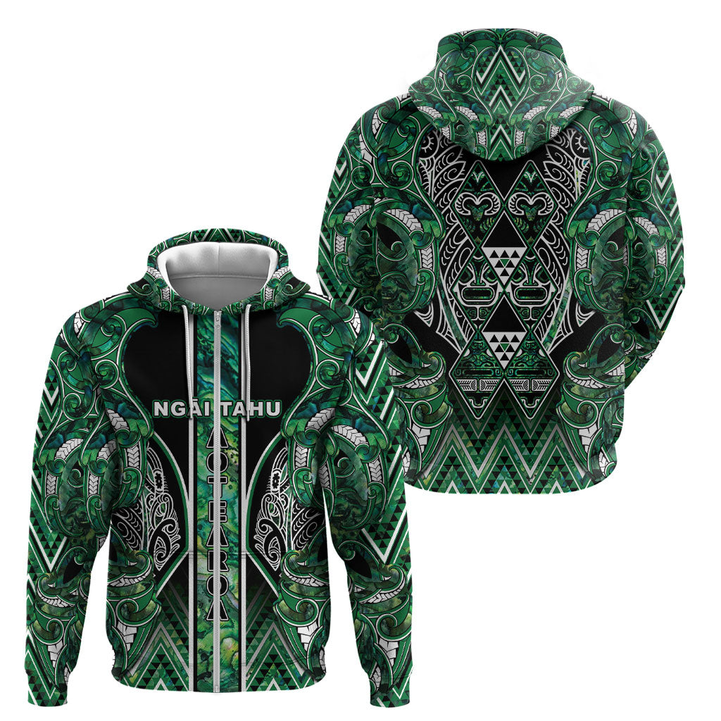 Aotearoa Ngai Tahu Zip Hoodie Maori Tribal Dark Green Paua Shell Pattern