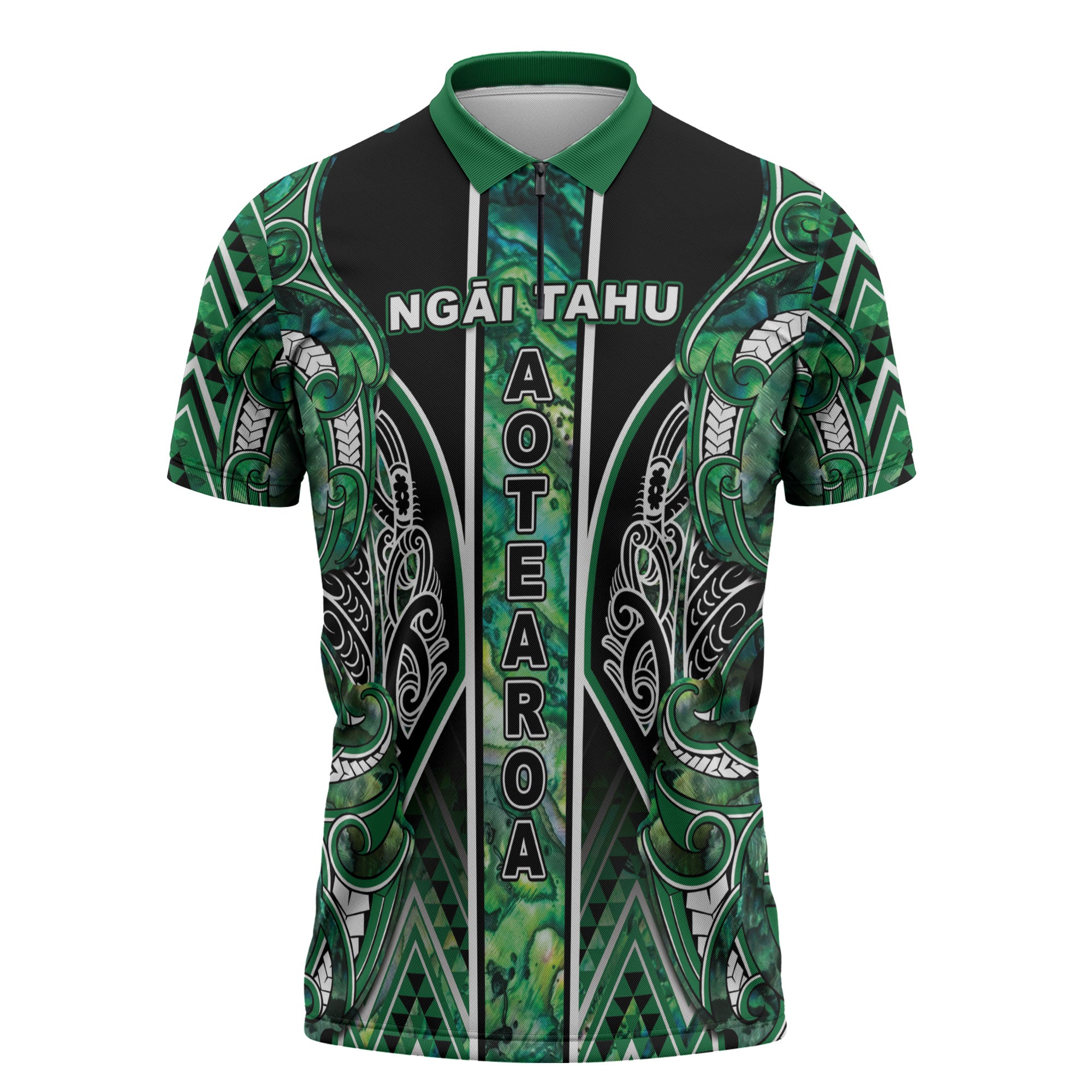 Aotearoa Ngai Tahu Zipper Polo Shirt Maori Tribal Dark Green Paua Shell Pattern